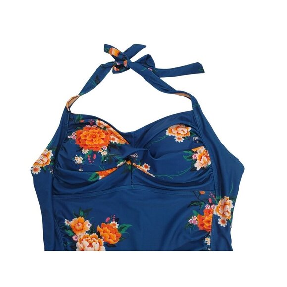 Womens Floral One-Piece Halter Swimsuit XXL Blue & Orange Retro Style. - Picture 4 of 7